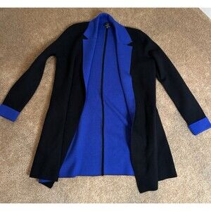 Talbots Black Blue Pure Merino Wool Open Front Jacket Size Petitie S Long Sleeve